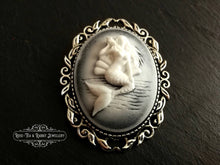 Load image into Gallery viewer, Classical Mermaid Brooch, White/Black Background, Antiqued Silvertone Base, Modern-Vintage Design,  4x5cm (1.57x1.96 inches)