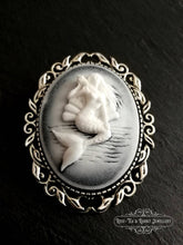 Load image into Gallery viewer, Classical Mermaid Brooch, White/Black Background, Antiqued Silvertone Base, Modern-Vintage Design,  4x5cm (1.57x1.96 inches)