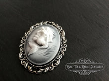 Load image into Gallery viewer, Classical Mermaid Brooch, White/Black Background, Antiqued Silvertone Base, Modern-Vintage Design,  4x5cm (1.57x1.96 inches)