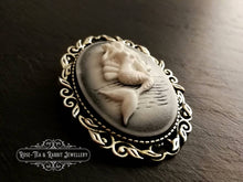 Load image into Gallery viewer, Classical Mermaid Brooch, White/Black Background, Antiqued Silvertone Base, Modern-Vintage Design,  4x5cm (1.57x1.96 inches)