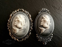 Load image into Gallery viewer, Classical Mermaid Brooch, White/Black Background, Antiqued Silvertone Base, Modern-Vintage Design,  4x5cm (1.57x1.96 inches)