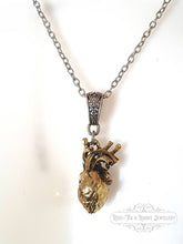 Load image into Gallery viewer, Anatomical Heart, 3 Dimensional Design, Antiqued Raw Brass Heart with Silvertone Chain