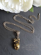 Load image into Gallery viewer, Anatomical Heart, 3 Dimensional Design, Antiqued Raw Brass Heart with Silvertone Chain
