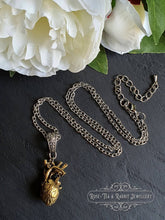 Load image into Gallery viewer, Anatomical Heart, 3 Dimensional Design, Antiqued Raw Brass Heart with Silvertone Chain