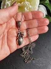 Load image into Gallery viewer, Anatomical Heart, 3 Dimensional Design, Antiqued Silvertone Finish with Silvertone Chain