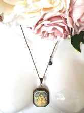 Load image into Gallery viewer, Kraken Cameo Pendant Necklace, Antiqued Bronze Finish, Ocean Blue Crystal Detail, Scallop Shell Charm, 7x4cm(70x40mm/2.75x1.57 Inches)