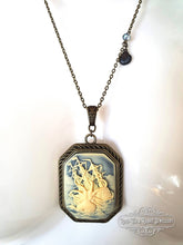 Load image into Gallery viewer, Kraken Pendant Necklace, Cameo Jewellery, Antiqued Bronze Setting & Chain, Ocean Blue Faceted Crystal Detail, Scallop Shell Charm, 7x4cm, Close Up