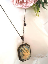 Load image into Gallery viewer, Kraken Cameo Pendant Necklace, Antiqued Bronze Finish, Ocean Blue Crystal Detail, Scallop Shell Charm, 7x4cm(70x40mm/2.75x1.57 Inches)