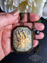 Load image into Gallery viewer, Kraken Pendant Necklace, Cameo Jewellery, Antiqued Bronze Setting & Chain, Ocean Blue Faceted Crystal Detail, Scallop Shell Charm, 7x4cm