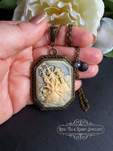 Load image into Gallery viewer, Kraken Cameo Pendant Necklace, Antiqued Bronze Finish, Ocean Blue Crystal Detail, Scallop Shell Charm, 7x4cm(70x40mm/2.75x1.57 Inches)