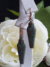 Load image into Gallery viewer, Egyptian Earrings, Drop | Dangle, Sarcophagus Charm, Copper with Verdigris Finish, Lever Back Closure, Drop Length: 4cm( 40mm/1.57 Inches)