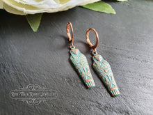 Load image into Gallery viewer, Egyptian Earrings, Drop | Dangle, Sarcophagus Charm, Copper with Verdigris Finish, Lever Back Closure, Drop Length: 4cm( 40mm/1.57 Inches)