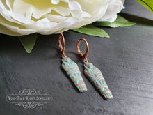 Load image into Gallery viewer, Egyptian Earrings, Drop | Dangle, Sarcophagus Charm, Copper with Verdigris Finish, Lever Back Closure, Drop Length: 4cm( 40mm/1.57 Inches)