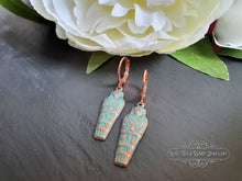 Load image into Gallery viewer, Egyptian Earrings, Drop | Dangle, Sarcophagus Charm, Copper with Verdigris Finish, Lever Back Closure, Drop Length: 4cm( 40mm/1.57 Inches)