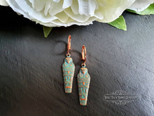 Load image into Gallery viewer, Egyptian Earrings, Drop | Dangle, Sarcophagus Charm, Copper with Verdigris Finish, Lever Back Closure, Drop Length: 4cm( 40mm/1.57 Inches)