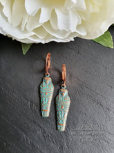 Load image into Gallery viewer, Egyptian Earrings, Drop | Dangle, Sarcophagus Charm, Copper with Verdigris Finish, Lever Back Closure, Drop Length: 4cm( 40mm/1.57 Inches)