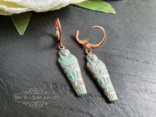 Load image into Gallery viewer, Egyptian Earrings, Drop | Dangle, Sarcophagus Charm, Copper with Verdigris Finish, Lever Back Closure, Drop Length: 4cm( 40mm/1.57 Inches)