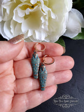Load image into Gallery viewer, Egyptian Earrings, Drop | Dangle, Sarcophagus Charm, Copper with Verdigris Finish, Lever Back Closure, Drop Length: 4cm( 40mm/1.57 Inches)