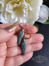 Load image into Gallery viewer, Egyptian Earrings, Drop | Dangle, Sarcophagus Charm, Copper with Verdigris Finish, Lever Back Closure, Drop Length: 4cm( 40mm/1.57 Inches)