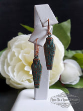 Load image into Gallery viewer, Egyptian Earrings, Drop | Dangle, Sarcophagus Charm, Copper with Verdigris Finish, Lever Back Closure, Drop Length: 4cm( 40mm/1.57 Inches)
