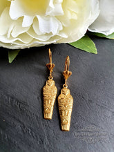 Load image into Gallery viewer, Egyptian Earrings, Drop | Dangle, Sarcophagus Charm, Raw Brass Goldtone Finish, Lever Back Closure, Drop Length: 4.5cm( 45mm/1.77 Inches)