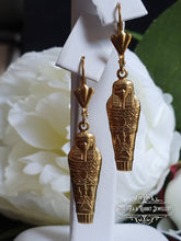 Load image into Gallery viewer, Egyptian Earrings, Drop | Dangle, Sarcophagus Charm, Raw Brass Goldtone Finish, Lever Back Closure, Drop Length: 4.5cm( 45mm/1.77 Inches)