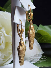 Load image into Gallery viewer, Egyptian Earrings, Drop | Dangle, Sarcophagus Charm, Raw Brass Goldtone Finish, Lever Back Closure, Drop Length: 4.5cm( 45mm/1.77 Inches)