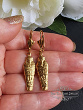 Load image into Gallery viewer, Egyptian Earrings, Drop | Dangle, Sarcophagus Charm, Raw Brass Goldtone Finish, Lever Back Closure, Drop Length: 4.5cm( 45mm/1.77 Inches)