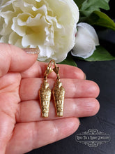 Load image into Gallery viewer, Egyptian Earrings, Drop | Dangle, Sarcophagus Charm, Raw Brass Goldtone Finish, Lever Back Closure, Drop Length: 4.5cm( 45mm/1.77 Inches)