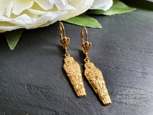 Load image into Gallery viewer, Egyptian Earrings, Drop | Dangle, Sarcophagus Charm, Raw Brass Goldtone Finish, Lever Back Closure, Drop Length: 4.5cm( 45mm/1.77 Inches)