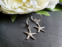 Load image into Gallery viewer, Petite Silvertone Starfish Drop Earrings, Circular Lever Back Closure, Length: 3.5cm(35mm/1.37 Inches)