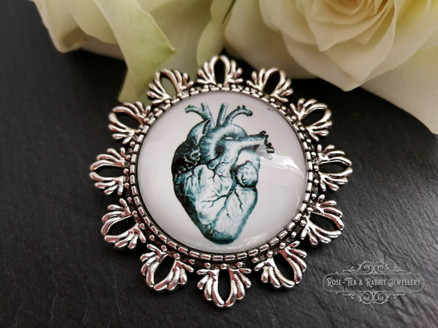 Anatomical Heart Pin Brooch - Vintage Illustration - Glass Photo Cabochon - Antiqued Silvertone Base - 4cm x 4cm (1.57 Inch Diameter)