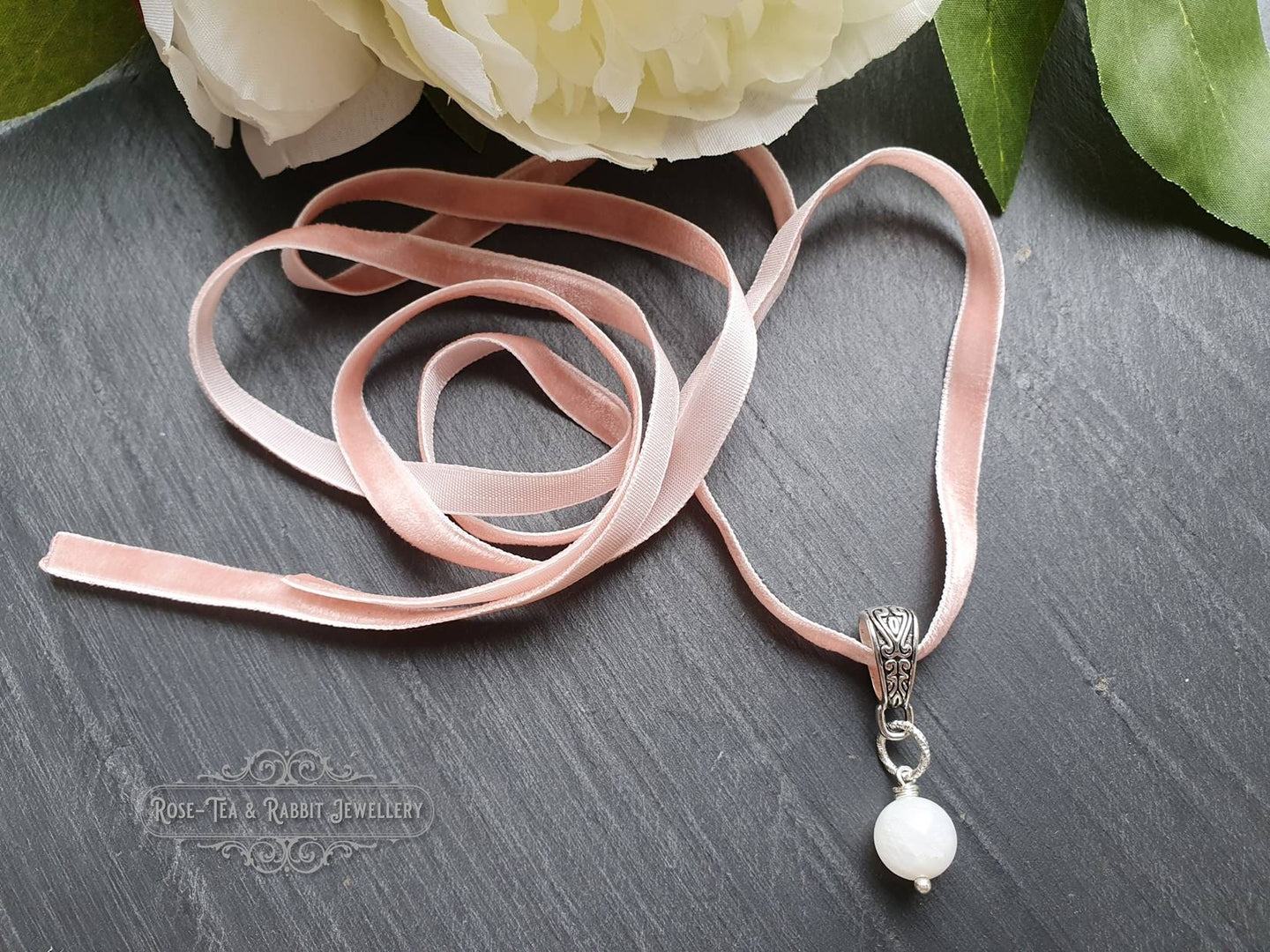 Baby Pink Velvet Adjustable Choker, Antiqued Silvertone Patterned Bezel, 8mm Moonstone, 6mm Wide Ribbon