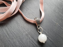 Load image into Gallery viewer, Baby Pink Velvet Adjustable Choker, Antiqued Silvertone Patterned Bezel, 8mm Moonstone, 6mm Wide Ribbon
