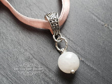 Load image into Gallery viewer, Baby Pink Velvet Adjustable Choker, Antiqued Silvertone Patterned Bezel, 8mm Moonstone, 6mm Wide Ribbon
