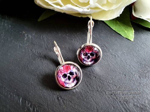 S925 Sterling Silver Drop Earrings, Flower Crown Skull, Glass Cabochon, 12mm Diameter, Handmade Jewellery, Alt Fashion, Halloween, Gift