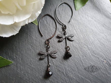 Load image into Gallery viewer, Delicate Dragonfly Charm Earrings, Black Faceted Crystal Detail, Drop Style, Blackened Brass, Meaningful Gift Symbolises Transformation, Self-Realization, Adaptability
