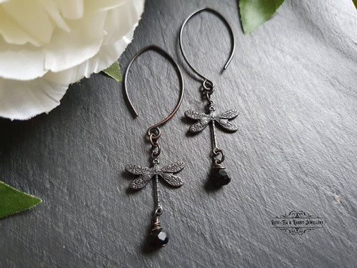 Delicate Dragonfly Charm Earrings, Black Faceted Crystal Detail, Drop Style, Blackened Brass, Meaningful Gift Symbolises Transformation, Self-Realization, Adaptability