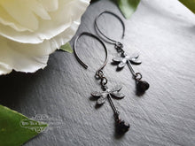 Load image into Gallery viewer, Delicate Dragonfly Charm Earrings, Black Faceted Crystal Detail, Drop Style, Blackened Brass, Meaningful Gift Symbolises Transformation, Self-Realization, Adaptability
