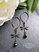 Load image into Gallery viewer, Delicate Dragonfly Charm Earrings, Black Faceted Crystal Detail, Drop Style, Blackened Brass, Meaningful Gift Symbolises Transformation, Self-Realization, Adaptability
