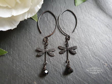 Load image into Gallery viewer, Delicate Dragonfly Charm Earrings, Black Faceted Crystal Detail, Drop Style, Blackened Brass, Meaningful Gift Symbolises Transformation, Self-Realization, Adaptability
