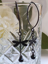 Load image into Gallery viewer, Delicate Dragonfly Charm Earrings, Black Faceted Crystal Detail, Drop Style, Blackened Brass, Meaningful Gift Symbolises Transformation, Self-Realization, Adaptability
