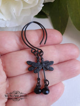 Load image into Gallery viewer, Delicate Dragonfly Charm Earrings, Black Faceted Crystal Detail, Drop Style, Blackened Brass, Meaningful Gift Symbolises Transformation, Self-Realization, Adaptability
