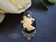 Load image into Gallery viewer, Fairy, Cameo Pin Brooch, Antiqued Silvertone Base, Modern-Vintage Design, 5.9x3.2cm/2.32x1.25 Inches, Elegant, Art Deco, Art Nouveau Style
