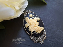 Load image into Gallery viewer, Fairy, Cameo Pin Brooch, Antiqued Silvertone Base, Modern-Vintage Design, 5.9x3.2cm/2.32x1.25 Inches, Elegant, Art Deco, Art Nouveau Style
