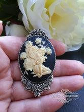 Load image into Gallery viewer, Fairy, Cameo Pin Brooch, Antiqued Silvertone Base, Modern-Vintage Design, 5.9x3.2cm/2.32x1.25 Inches, Elegant, Art Deco, Art Nouveau Style
