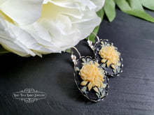 Load image into Gallery viewer, Floral Posy Resin Cameo Drop Earrings, Classic Vintage Look, Bright Silver, Leverback Closure, Lace Edge Detail, 3.7x1.9cm(1.45x0.74 Inches)
