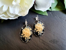 Load image into Gallery viewer, Floral Posy Resin Cameo Drop Earrings, Classic Vintage Look, Bright Silver, Leverback Closure, Lace Edge Detail, 3.7x1.9cm(1.45x0.74 Inches)
