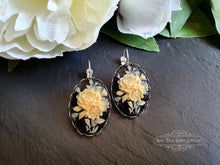 Load image into Gallery viewer, Floral Posy Resin Cameo Drop Earrings, Classic Vintage Look, Bright Silver, Leverback Closure, Lace Edge Detail, 3.7x1.9cm(1.45x0.74 Inches)
