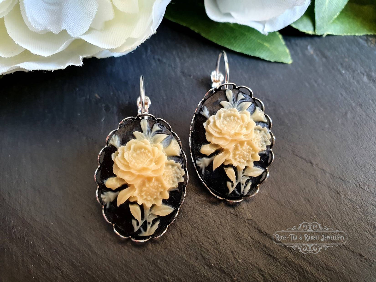 Floral Posy Resin Cameo Drop Earrings, Classic Vintage Look, Bright Silver, Leverback Closure, Lace Edge Detail, 3.7x1.9cm(1.45x0.74 Inches)